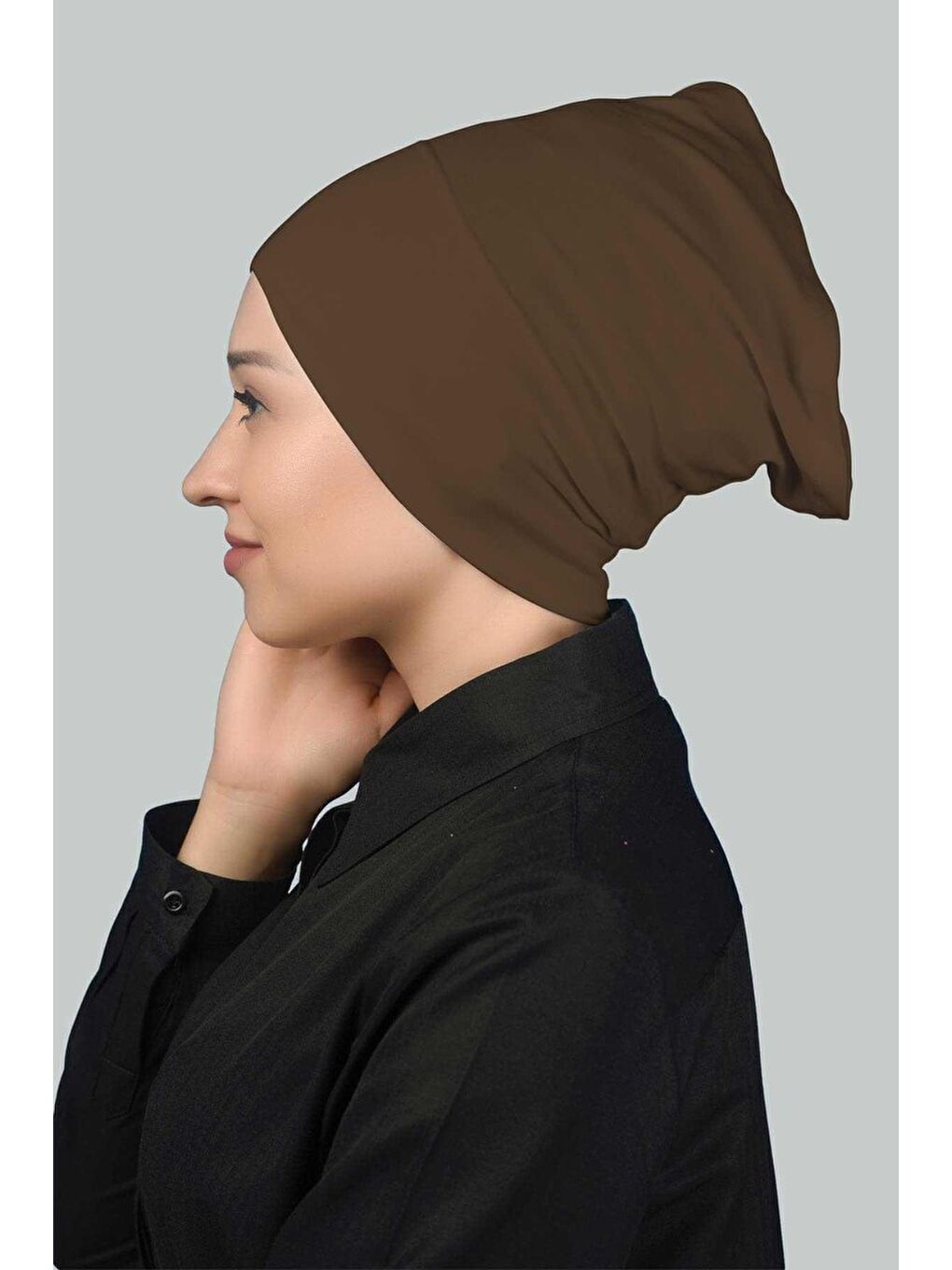 Kahverengi Hazır Pratik Geçmeli Uzun Boru Tesettür Bonesi-2