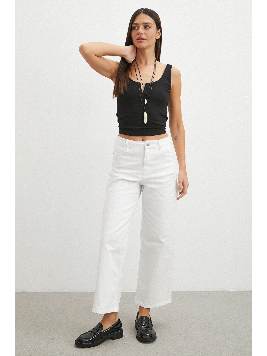 Yüksek Bel Culotte Jean Beyaz-1