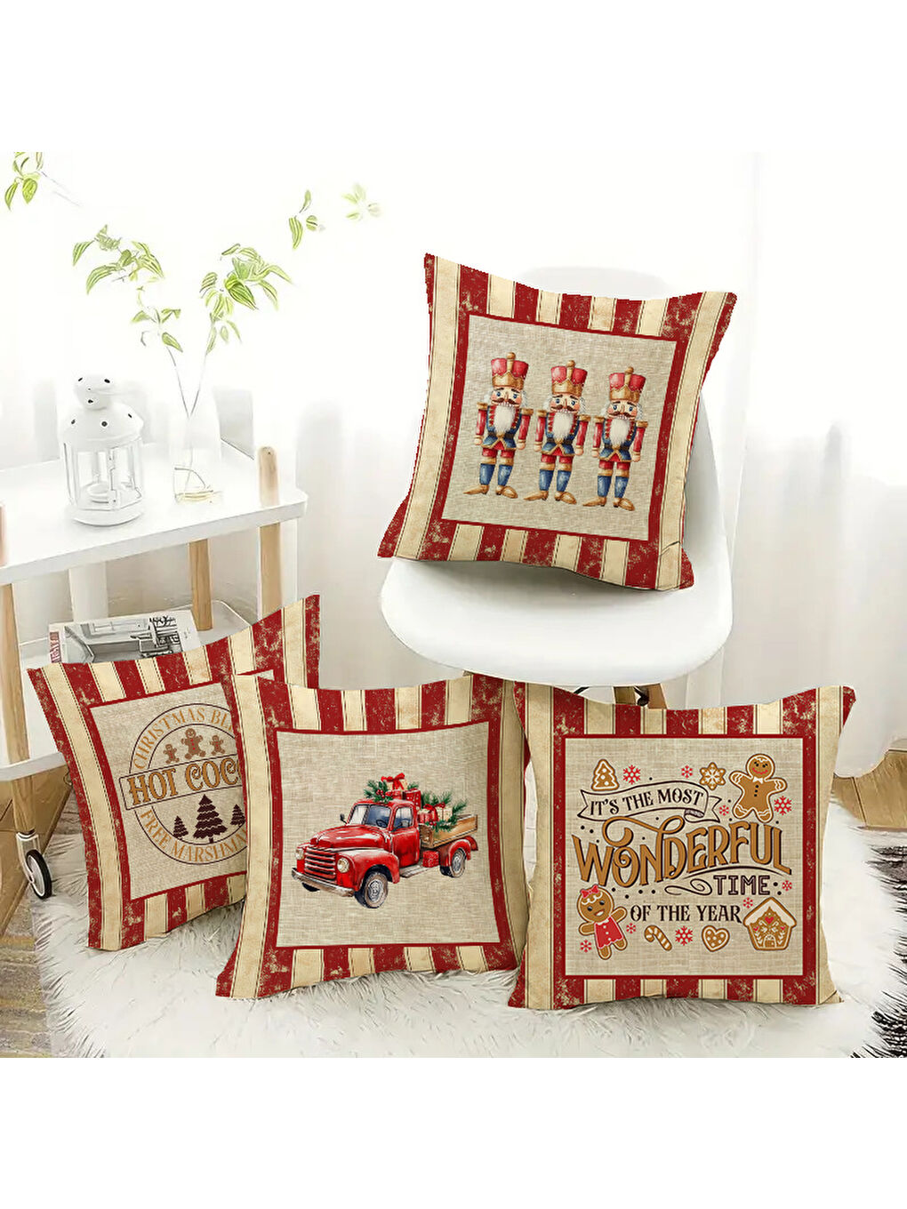Karışık 4'lü Yılbaşı Ve Kurşun Asker Desenli Kadife Kırlent Kılıfı Seti – Çift Taraf Baskılı 43x43 cm