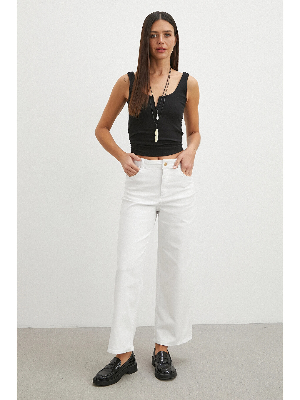 Yüksek Bel Culotte Jean Beyaz-2