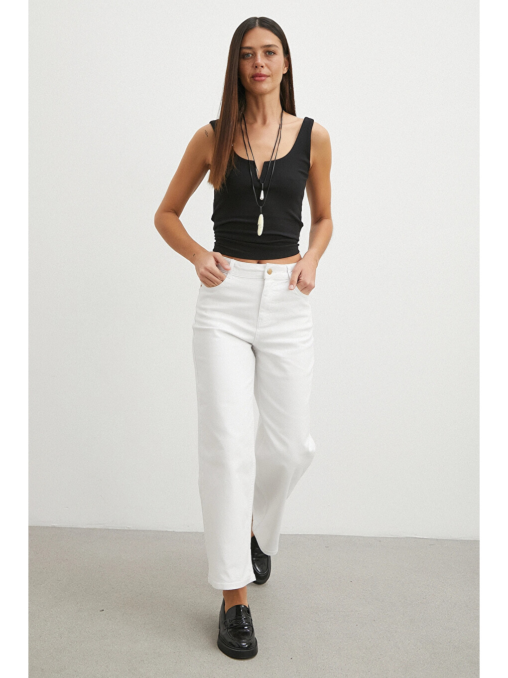 Yüksek Bel Culotte Jean Beyaz-3