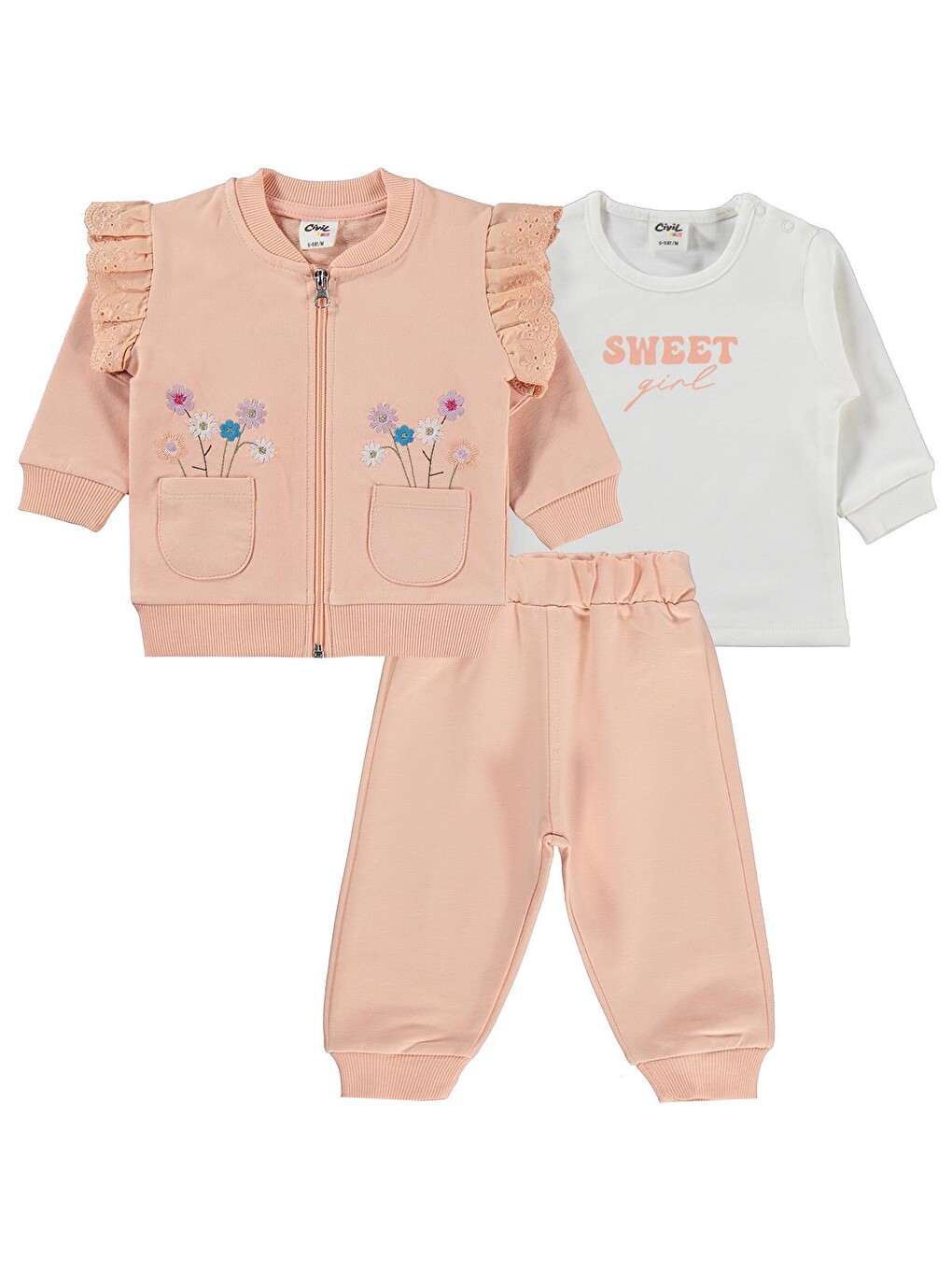 Pembe Baby Çiçek Nakışlı Hırkalı 6-18 Ay Takım - Pudra