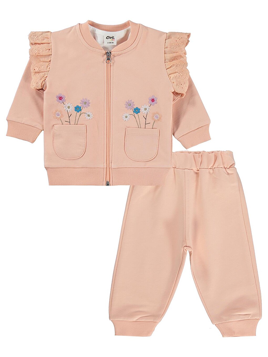 Pembe Baby Çiçek Nakışlı Hırkalı 6-18 Ay Takım - Pudra-2