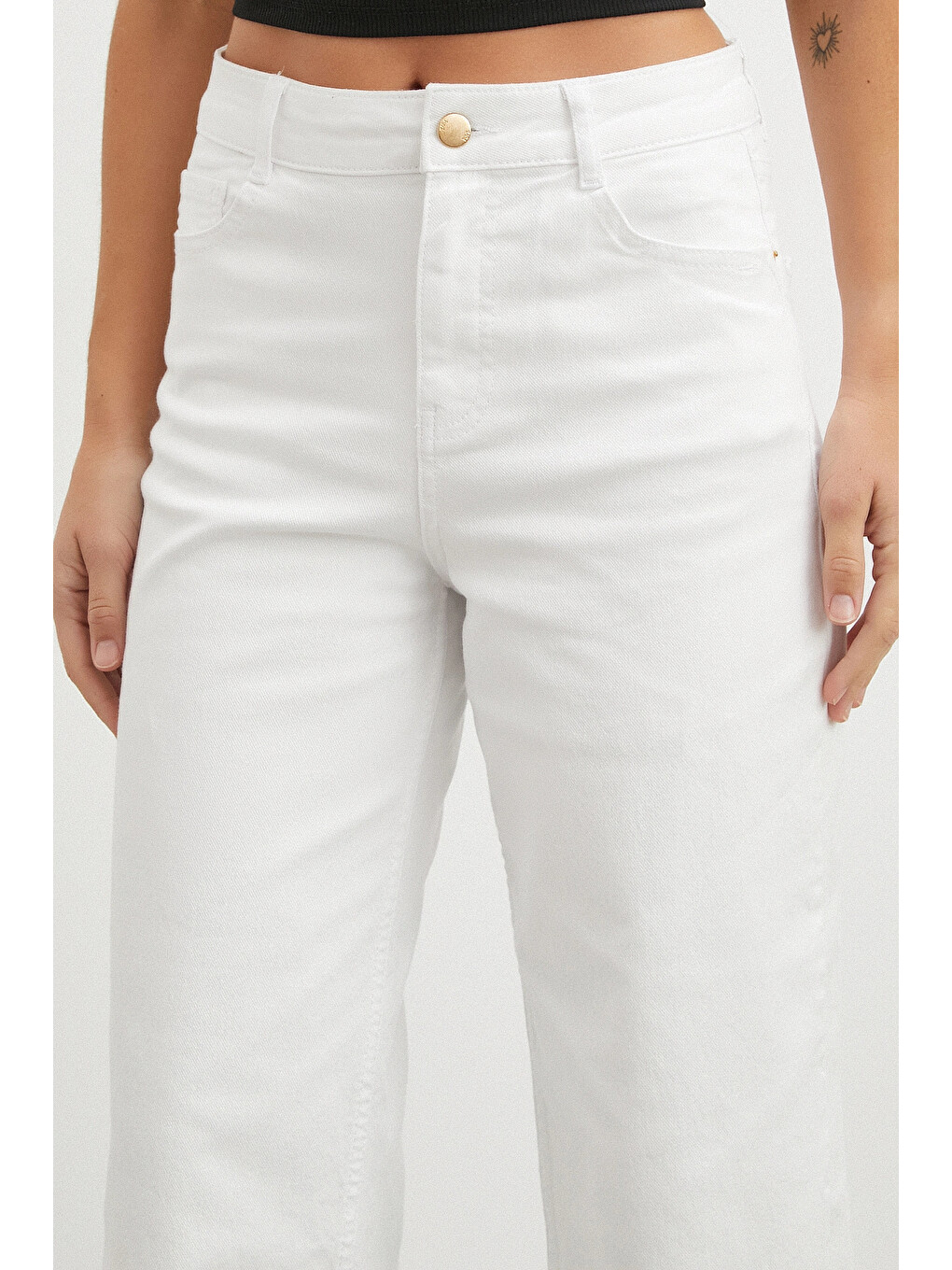Yüksek Bel Culotte Jean Beyaz-4