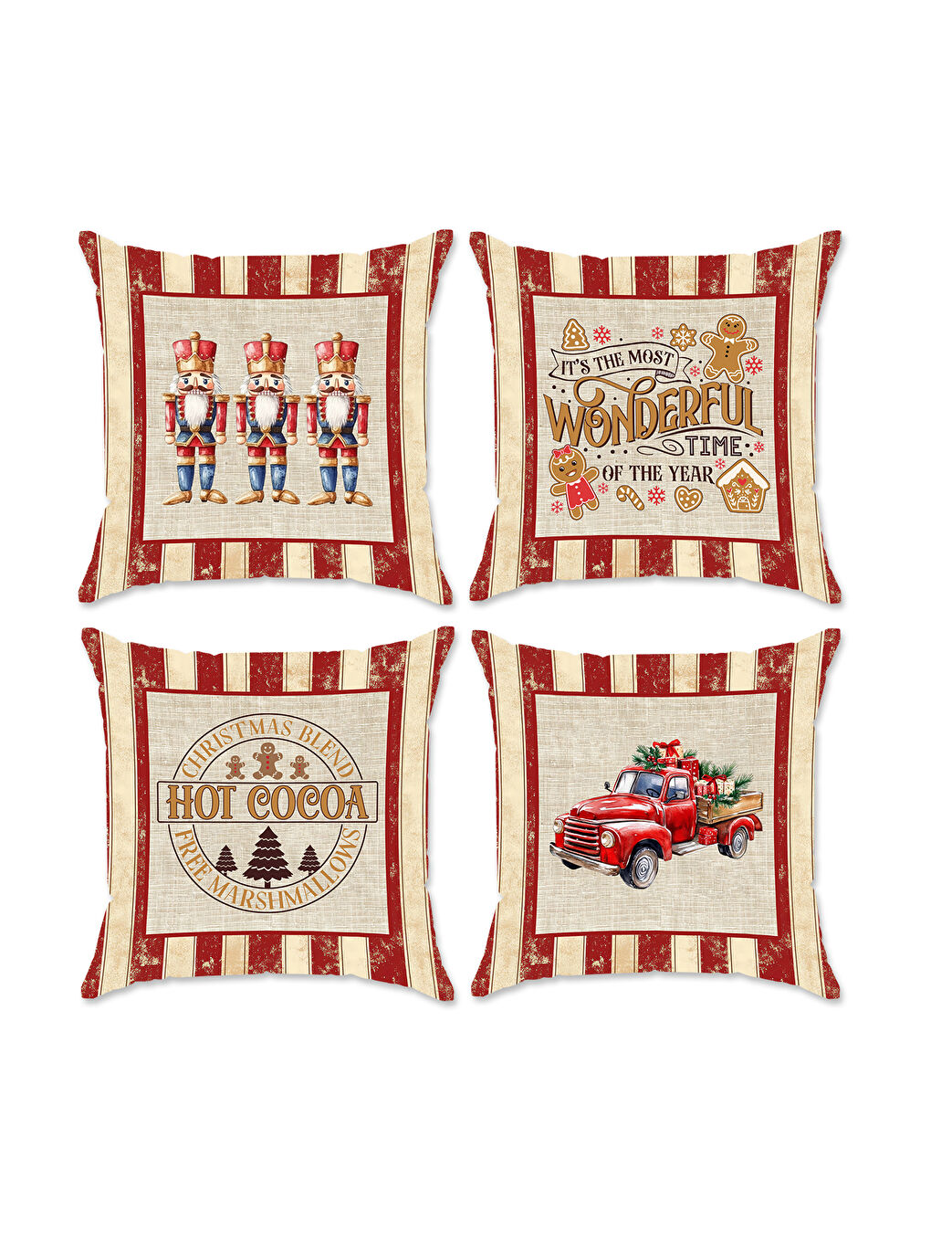 Karışık 4'lü Yılbaşı Ve Kurşun Asker Desenli Kadife Kırlent Kılıfı Seti – Çift Taraf Baskılı 43x43 cm-1