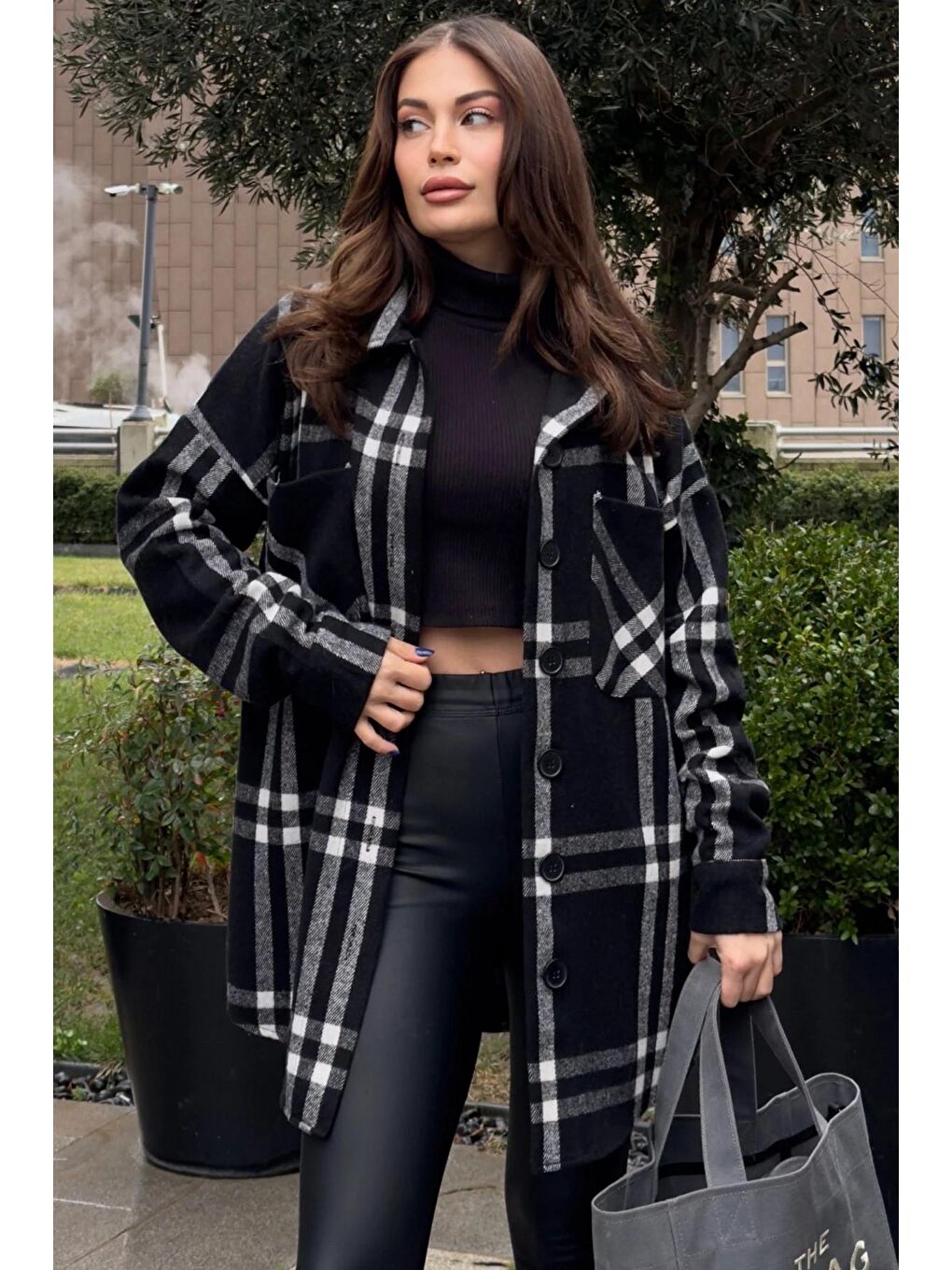 Gri Ekose Desen Çift Cep Kaşe Gömlek