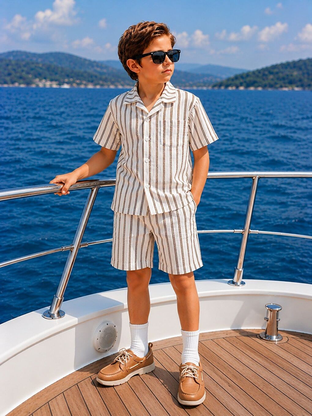 Kahverengi Erkek Çocuk Gömlekli Şortlu Takım Kahve Rengi Çizgili 🖤👔-1