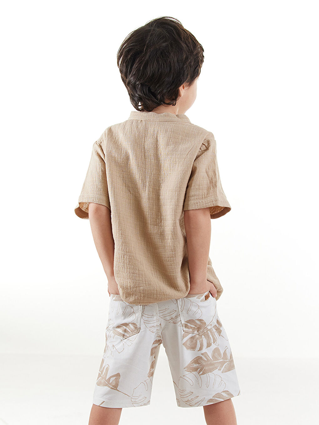 Bej Erkek Çocuk Müslin Gömlek Gabardin Şort Takım-1