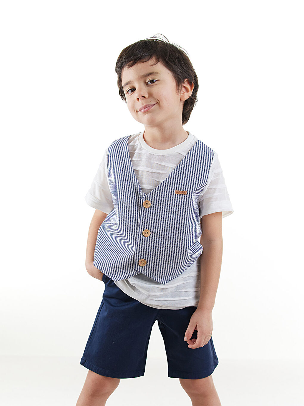 Ekru Erkek Çocuk Yelekli T-Shirt Şort Takım