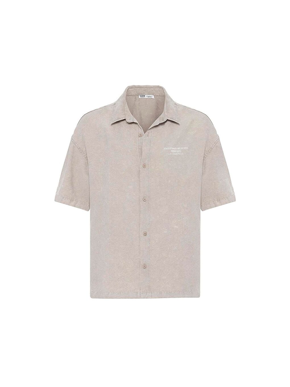 Yıkamalı Oversize Kısa Kol Baskılı Gömlek Bej-1