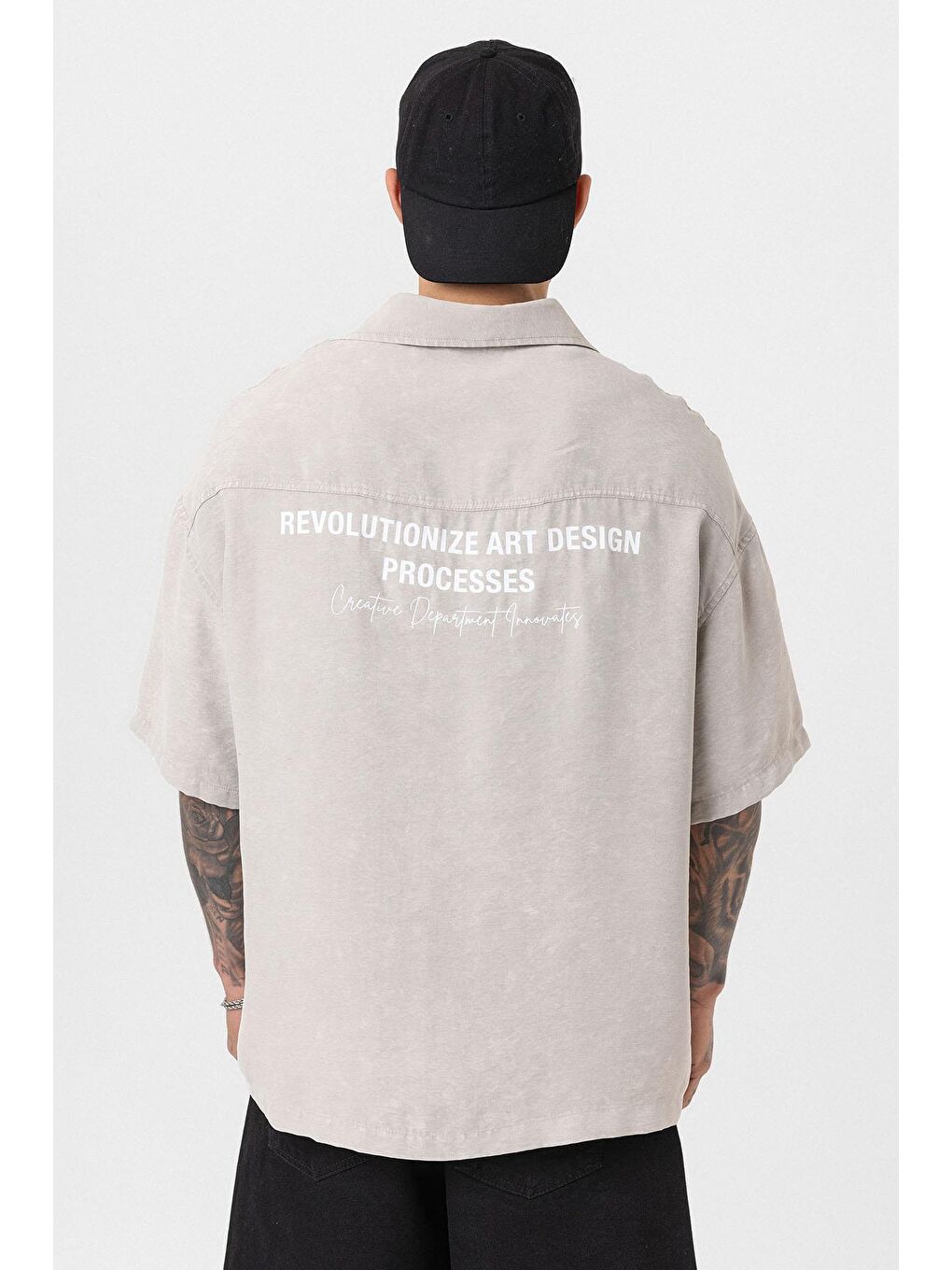 Yıkamalı Oversize Kısa Kol Baskılı Gömlek Bej-3