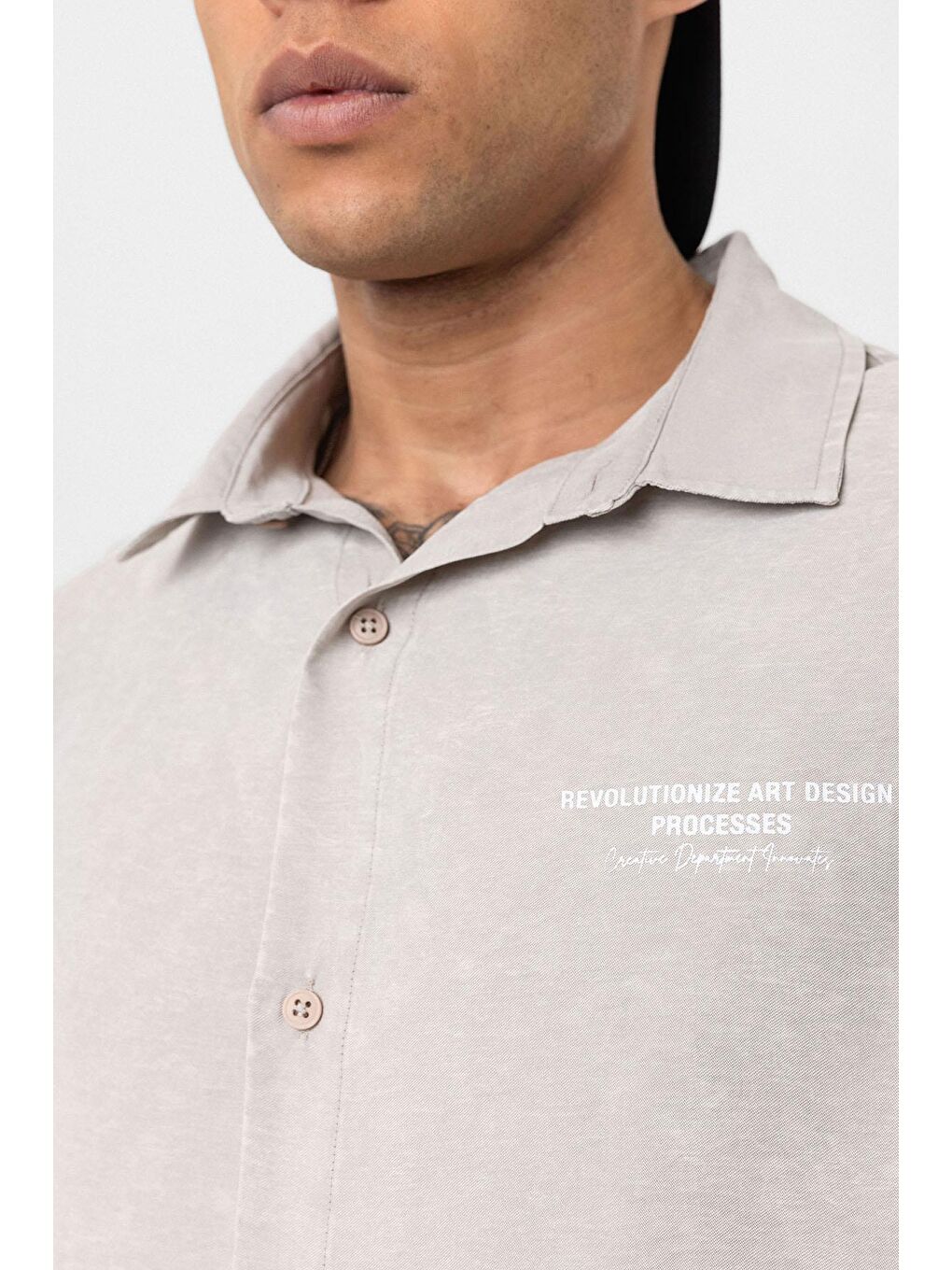 Yıkamalı Oversize Kısa Kol Baskılı Gömlek Bej-4