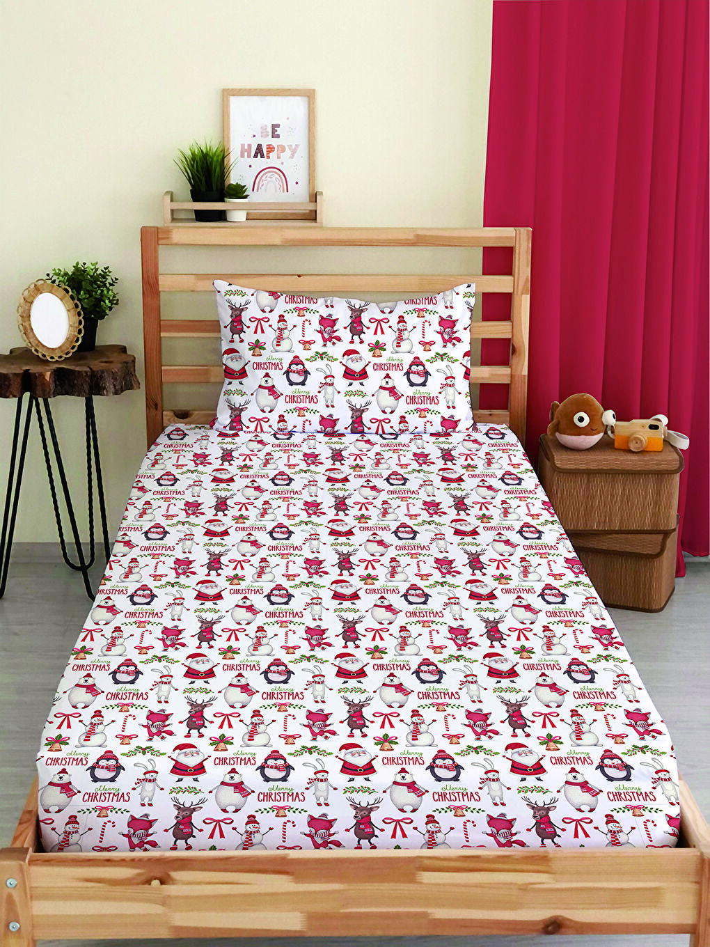 Karışık Yılbaşı Desenli Tek Kişilik Baskılı Lastikli Çarşaf Takımı– 100x200cm