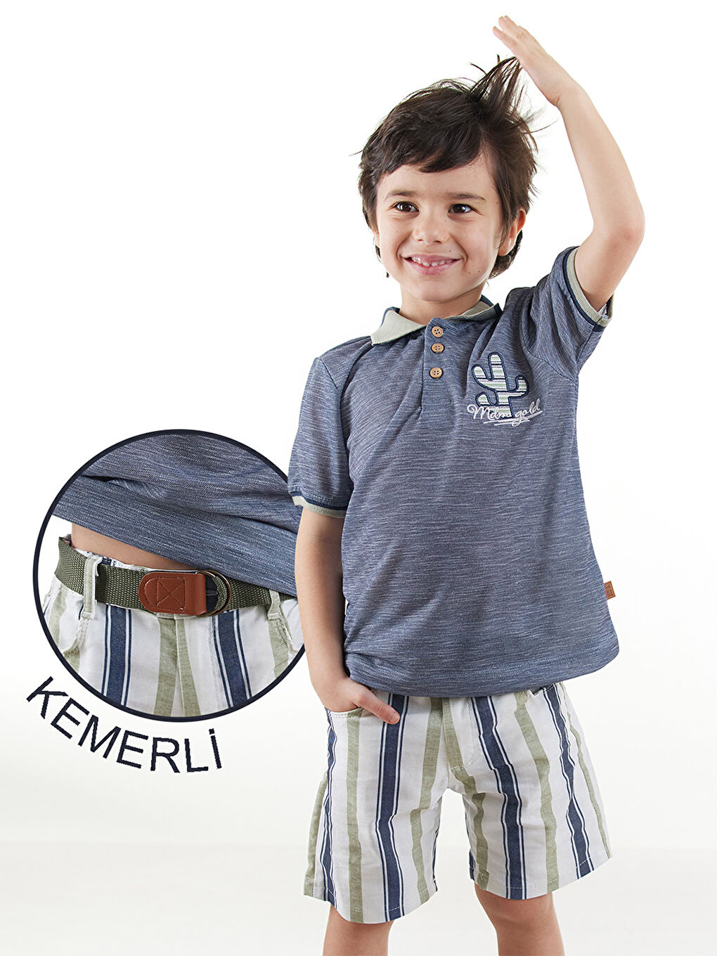 Lacivert Erkek Çocuk 3lü Takım Polo Yaka T-Shirt Şort Takım