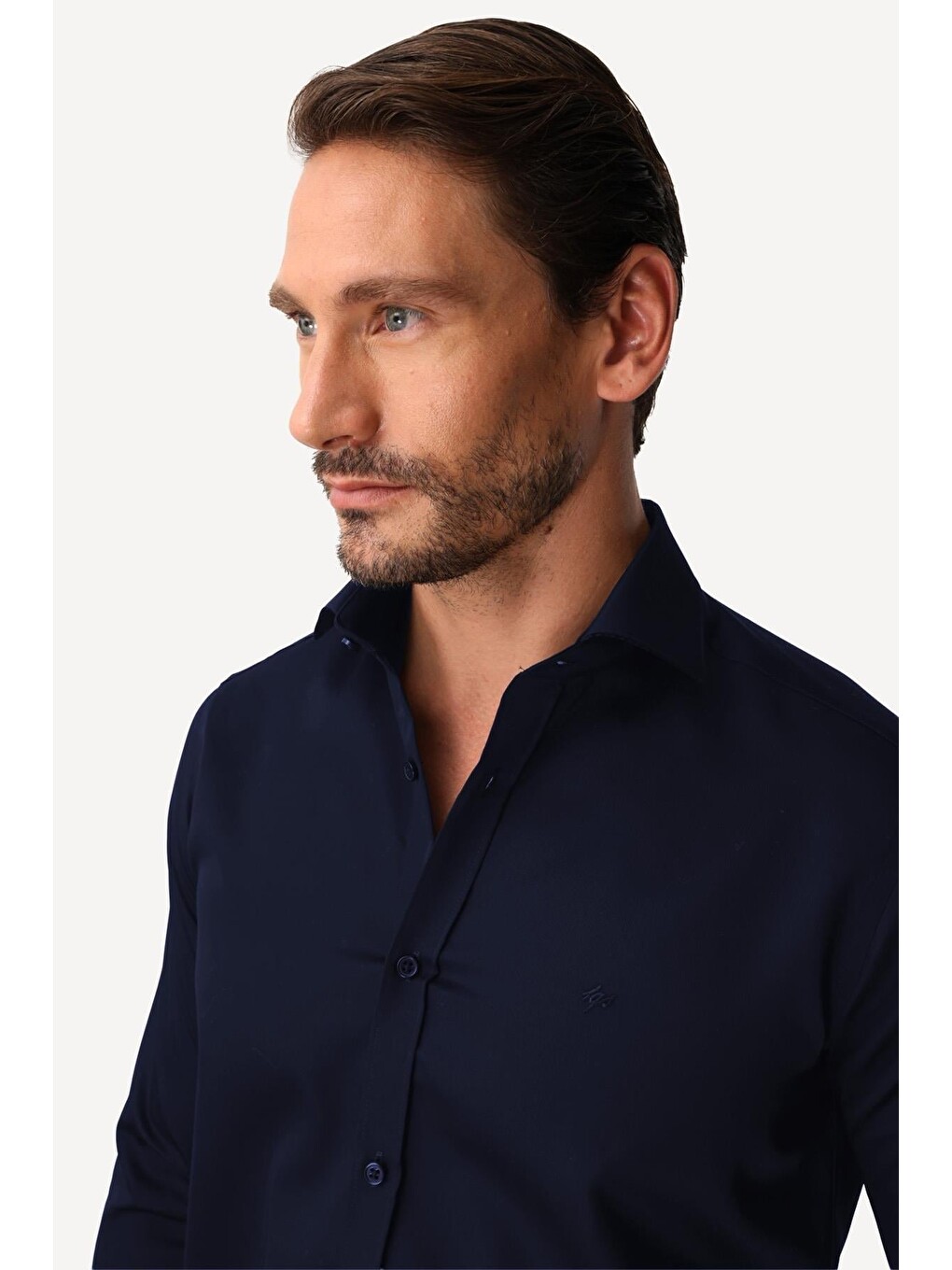 Lacivert Regular Fit Geniş Kalıp Klasik Yaka Düz Uzun Kollu Cepsiz %100 Pamuk Non Iron Gömlek-1