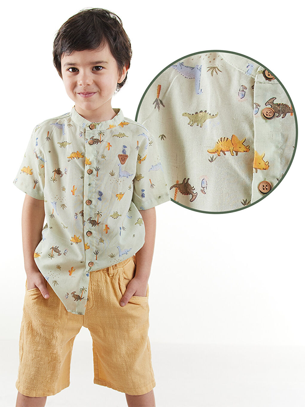 Yeşil Erkek Çocuk Bayramlık Gömlek Müslin Şort Takım