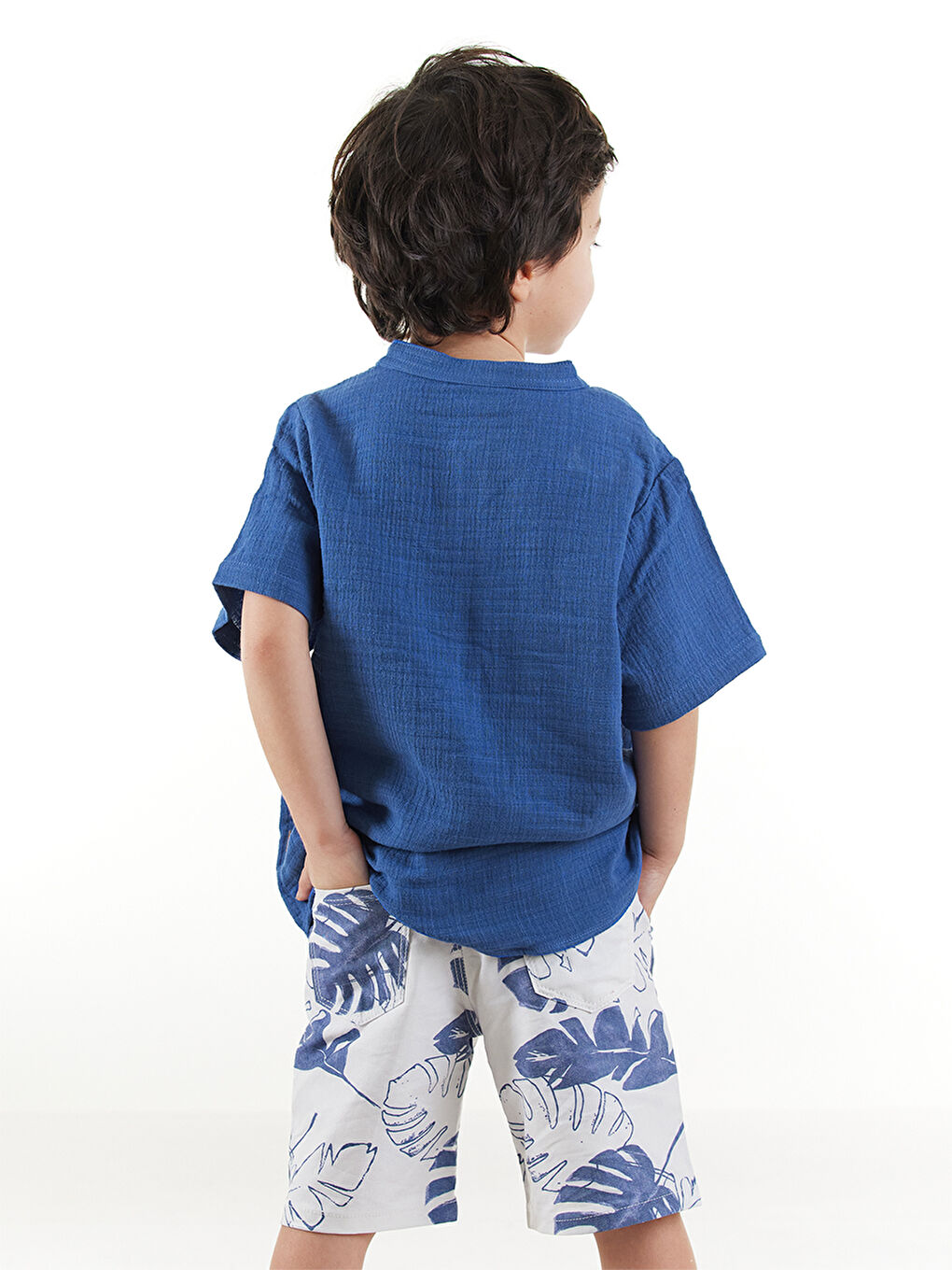 Lacivert Erkek Çocuk Müslin Gömlek Gabardin Şort Takım-1