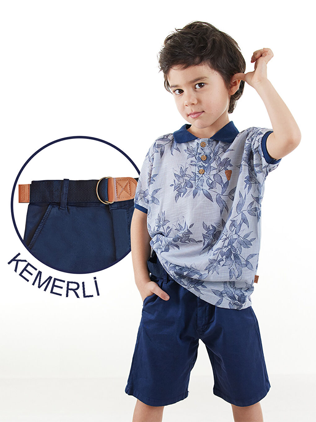 Lacivert Erkek Çocuk 3li Takım Polo Yaka T-Shirt Şort Takım