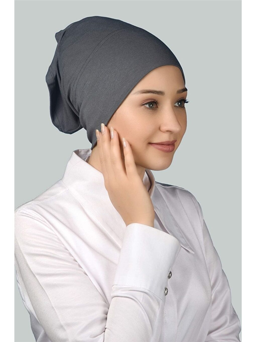 Gri Hazır Pratik Geçmeli Uzun Boru Tesettür Bonesi