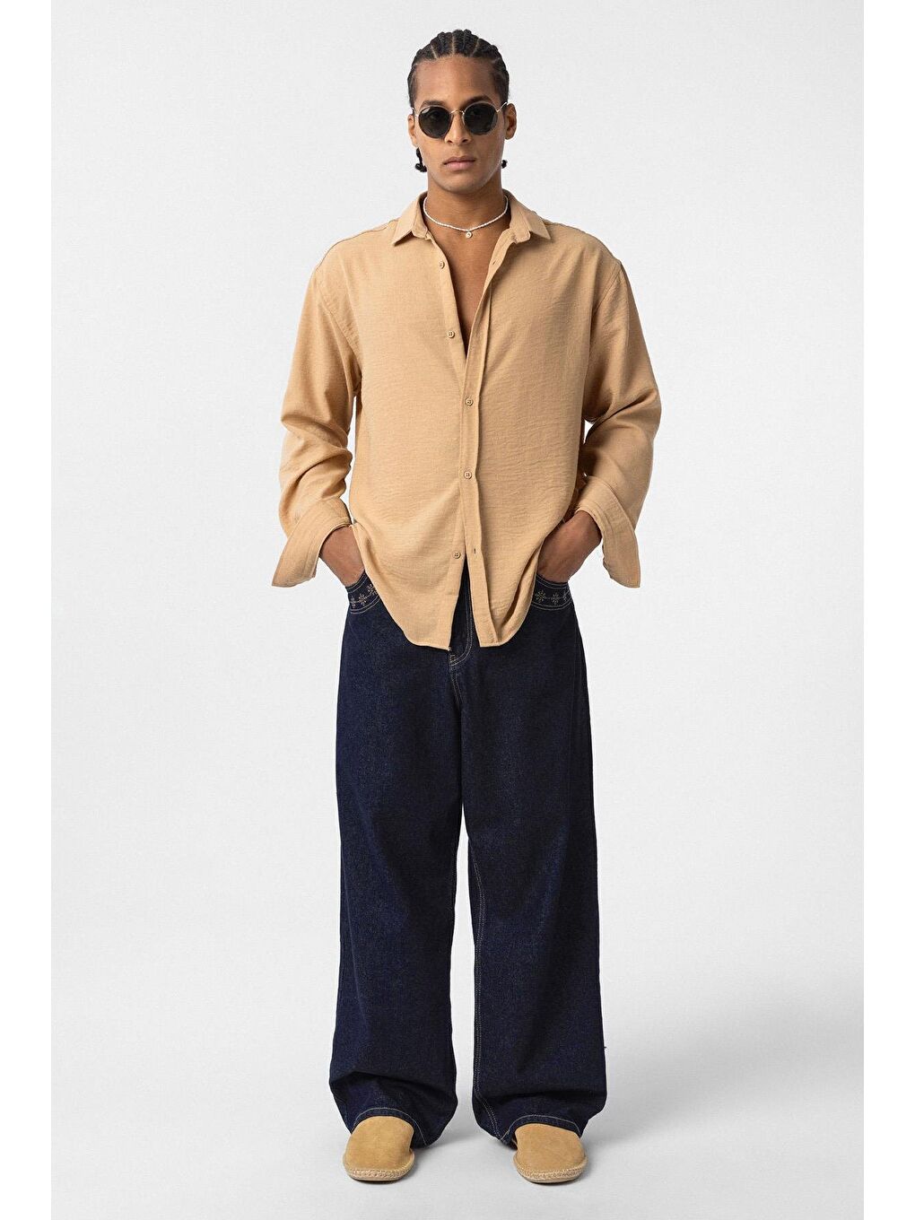 Kahverengi Basic Oversize Uzun Kol Keten Görünümlü Gömlek Camel