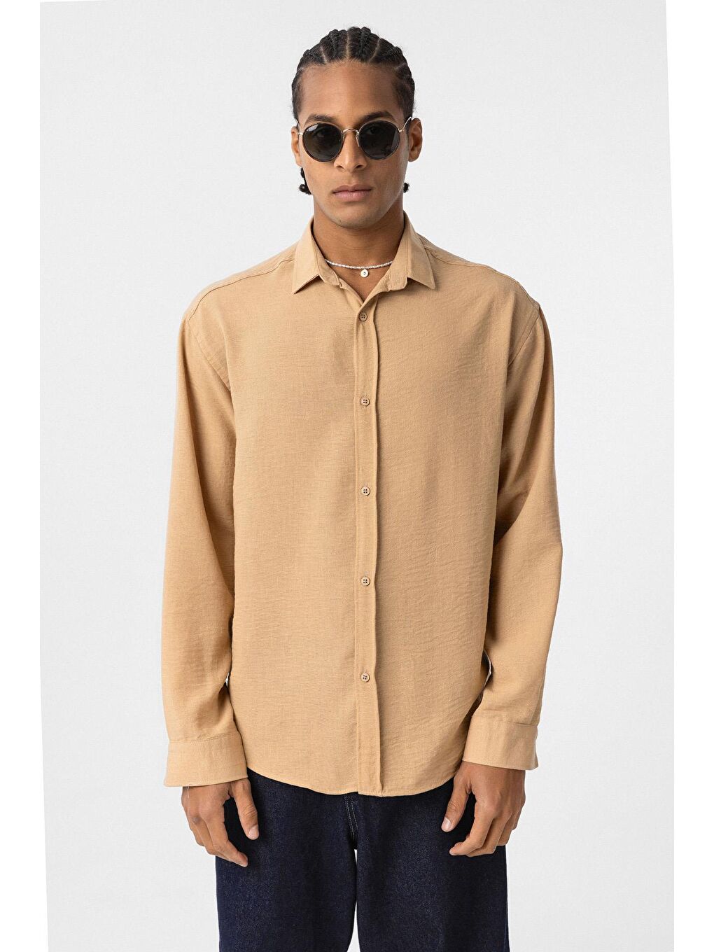 Kahverengi Basic Oversize Uzun Kol Keten Görünümlü Gömlek Camel-1
