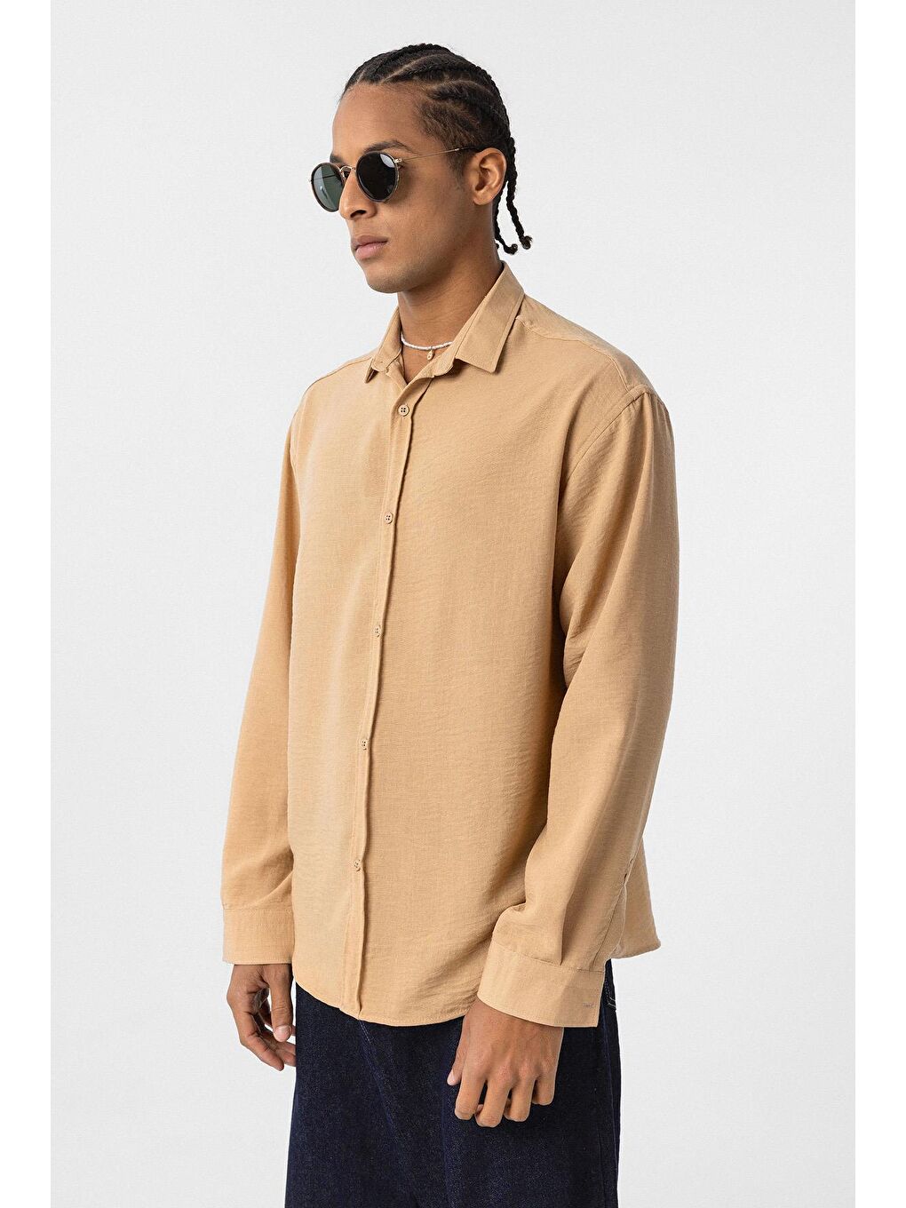 Kahverengi Basic Oversize Uzun Kol Keten Görünümlü Gömlek Camel-2