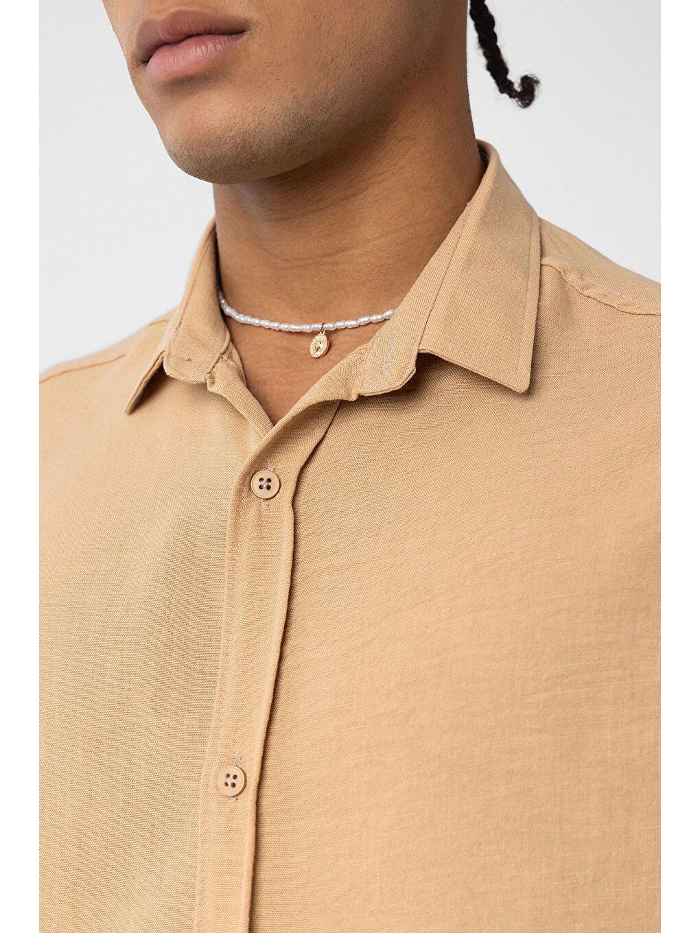 Kahverengi Basic Oversize Uzun Kol Keten Görünümlü Gömlek Camel-4