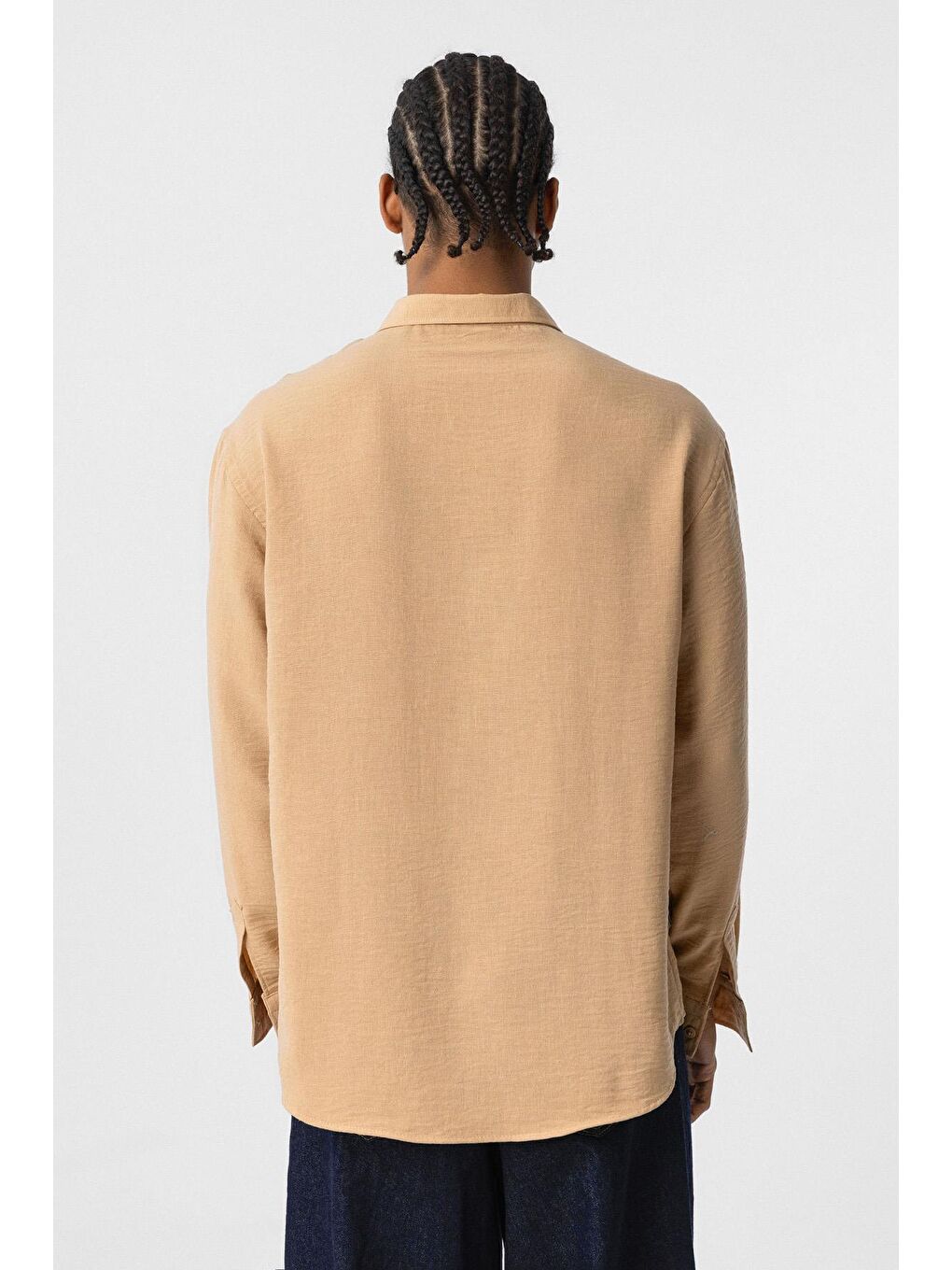 Kahverengi Basic Oversize Uzun Kol Keten Görünümlü Gömlek Camel-5