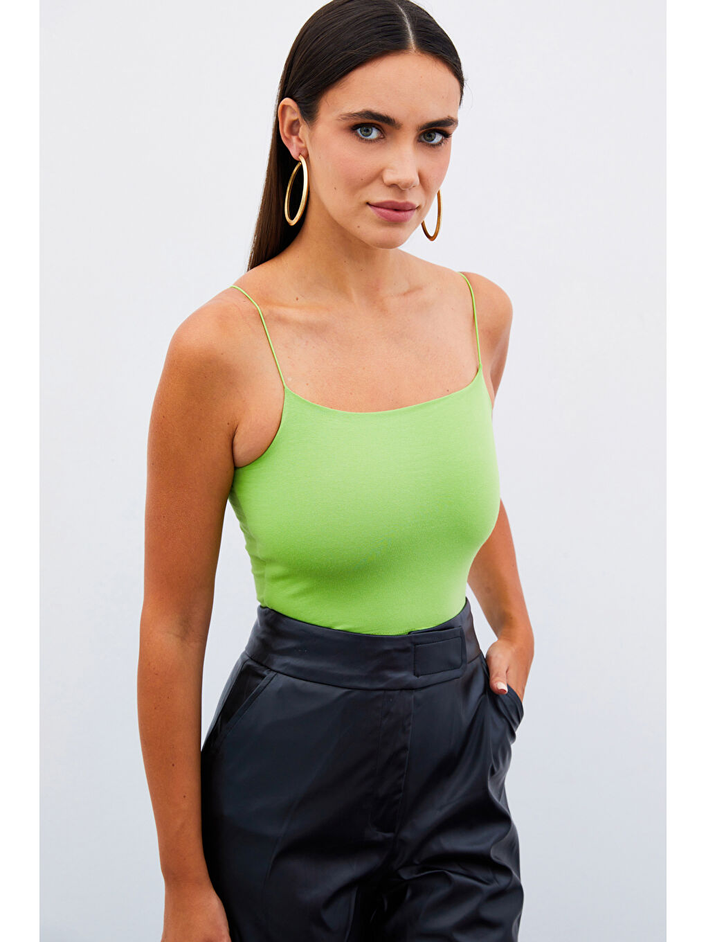 SATEEN İp Askılı Crop Bluz - Yeşil - 1