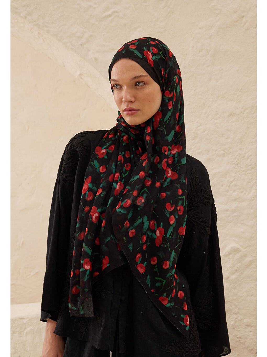 Cherry Desen Rami Şal Siyah