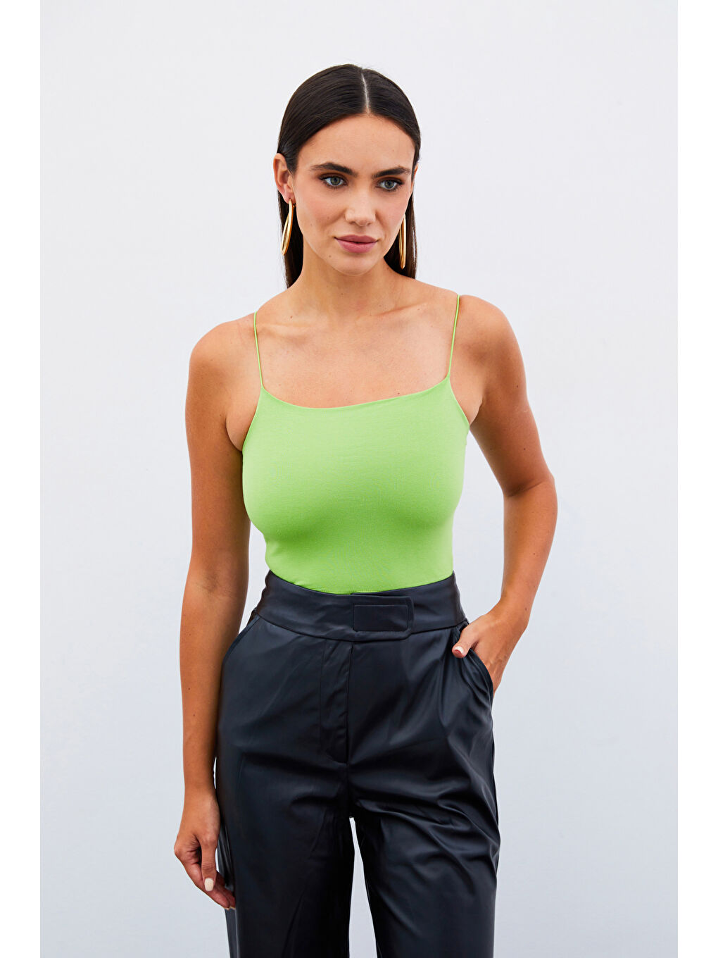 SATEEN İp Askılı Crop Bluz - Yeşil - 2