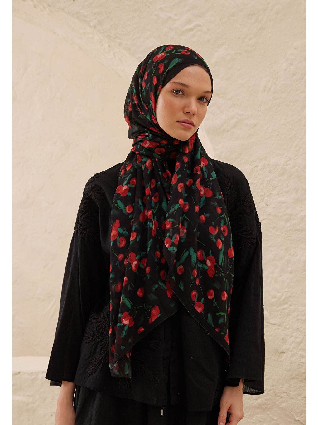 Cherry Desen Rami Şal Siyah-2