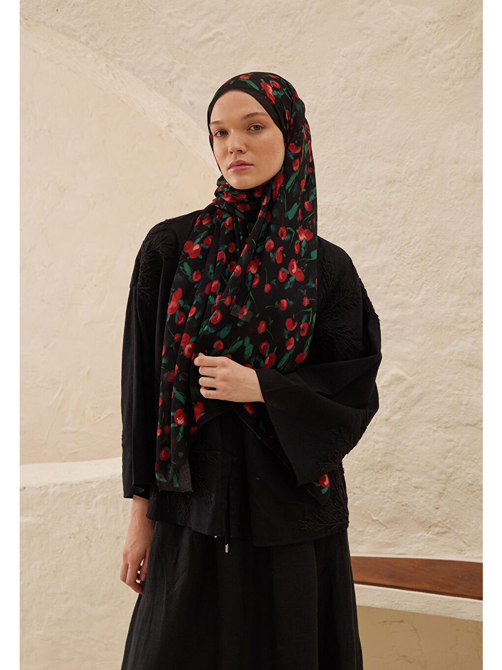 Cherry Desen Rami Şal Siyah-3