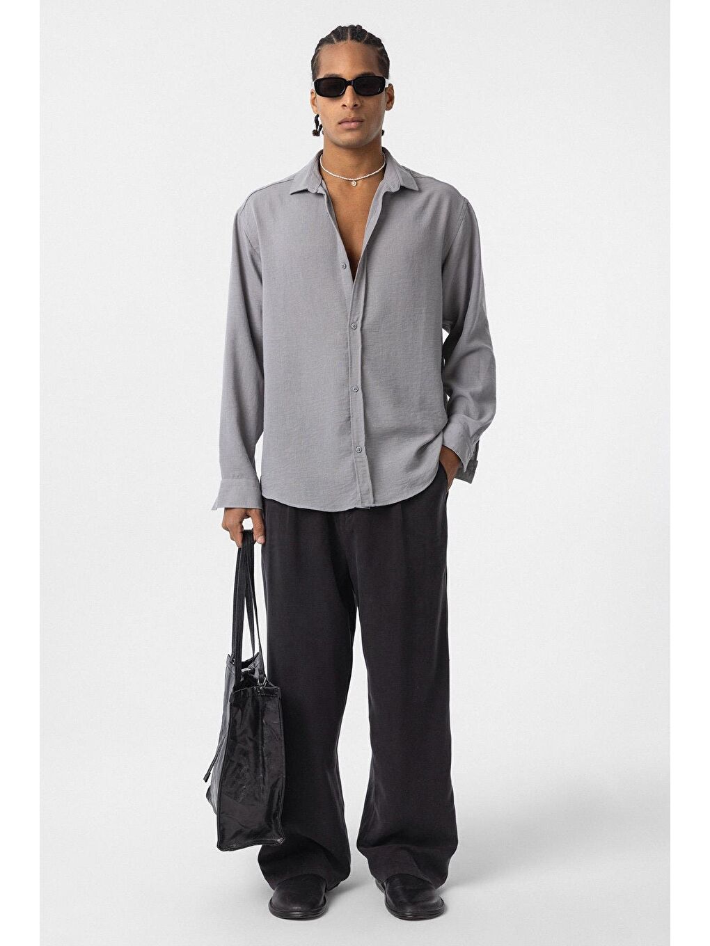 Basic Oversize Uzun Kol Keten Görünümlü Gömlek Gri