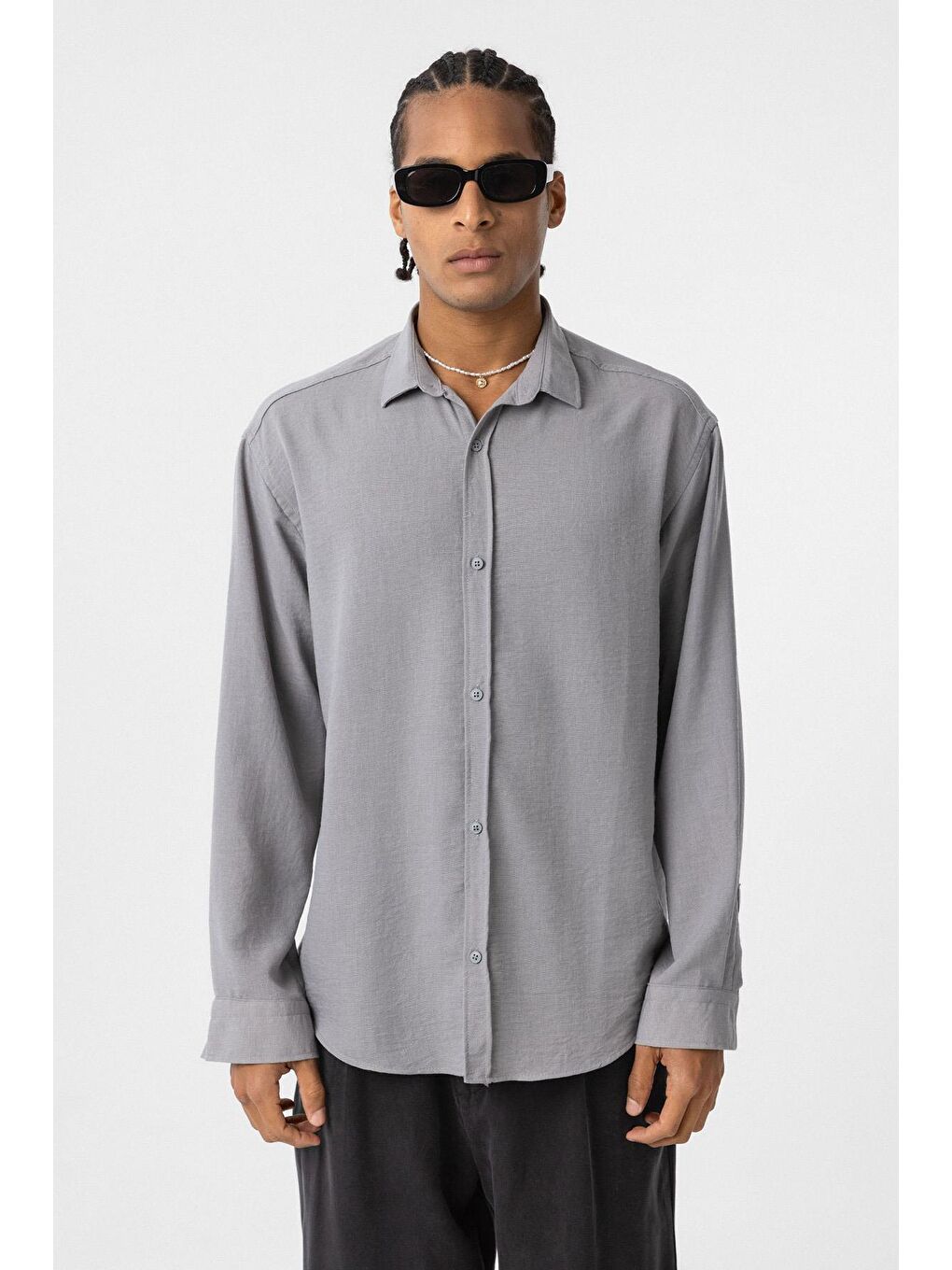 Basic Oversize Uzun Kol Keten Görünümlü Gömlek Gri-1