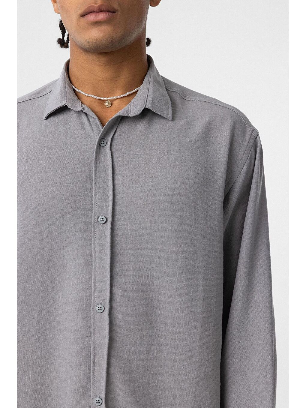 Basic Oversize Uzun Kol Keten Görünümlü Gömlek Gri-3