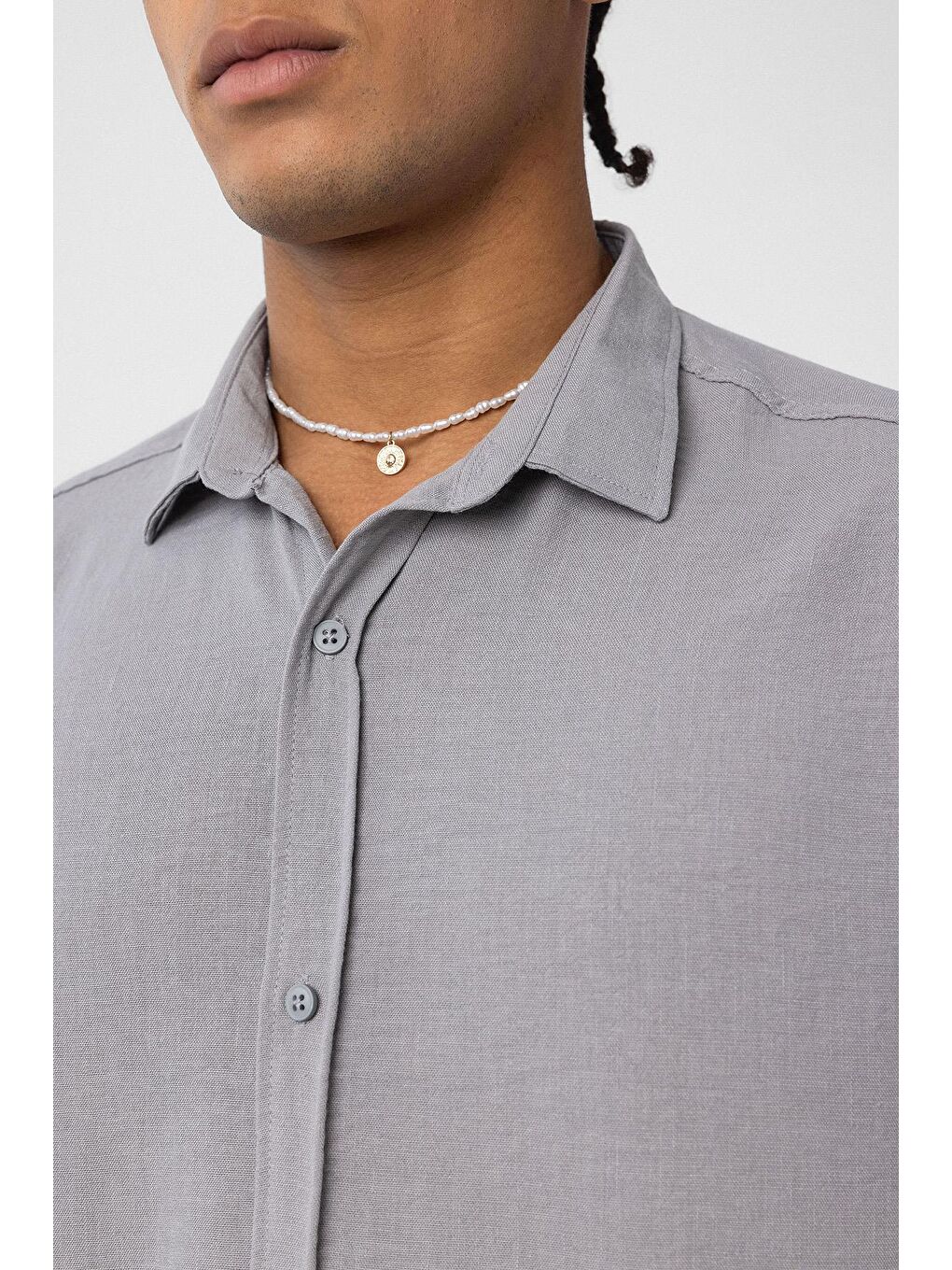 Basic Oversize Uzun Kol Keten Görünümlü Gömlek Gri-4