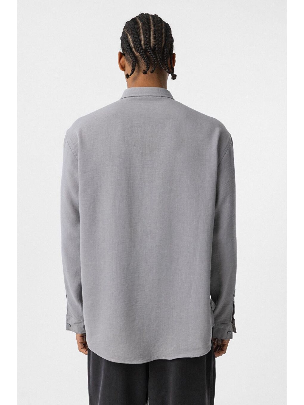 Basic Oversize Uzun Kol Keten Görünümlü Gömlek Gri-5
