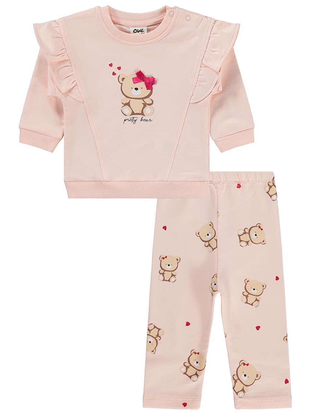 Baby Fiyonklu Ayıcık Baskılı 6-18 Ay Takım - Pembe