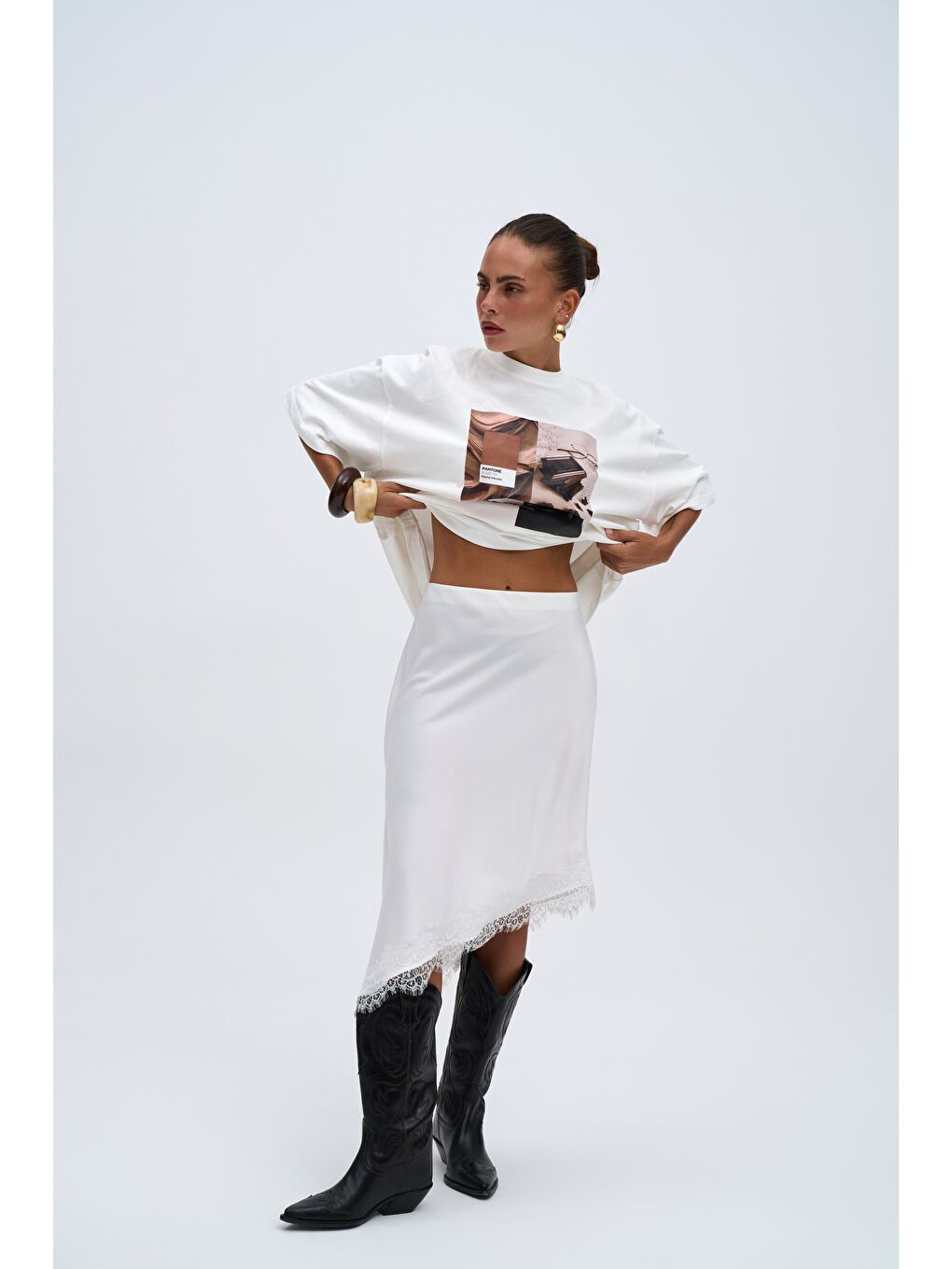 Lina Dantel Detay Beyaz Saten Etek-1