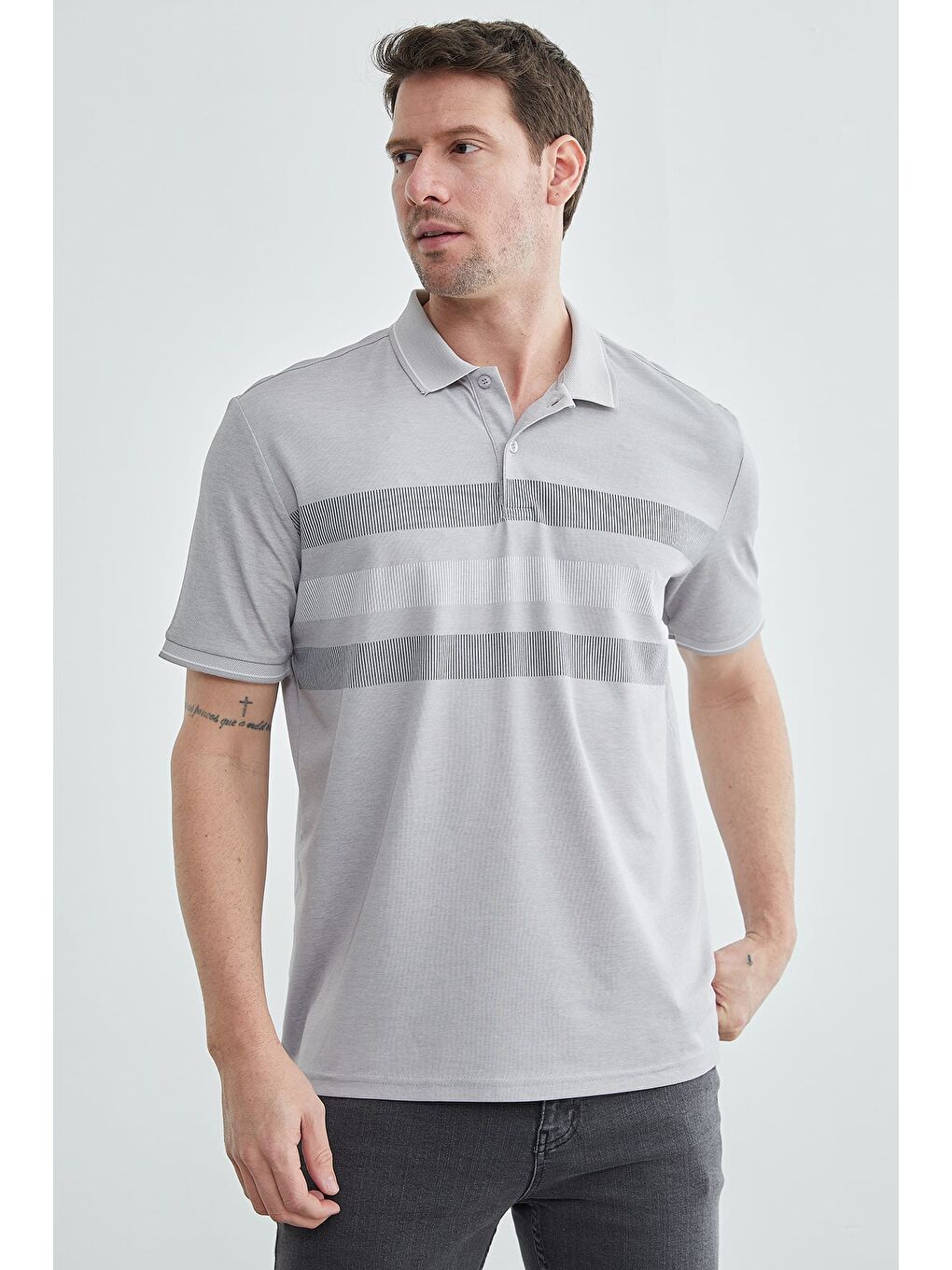 Gri Şeritli Düğmeli Polo Yaka Tişört-3