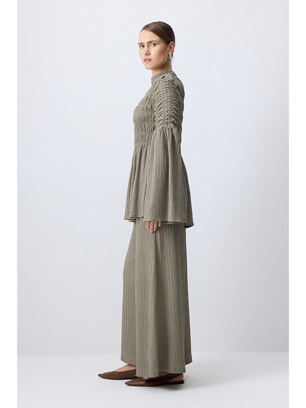 Haki Büzgülü Bluz Pantolon Takım-1