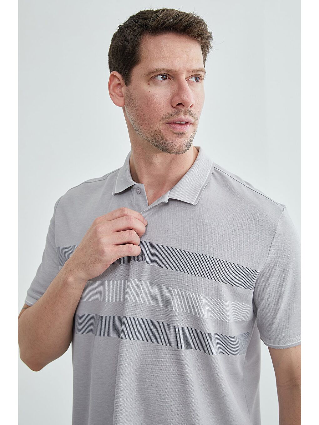Gri Şeritli Düğmeli Polo Yaka Tişört-4
