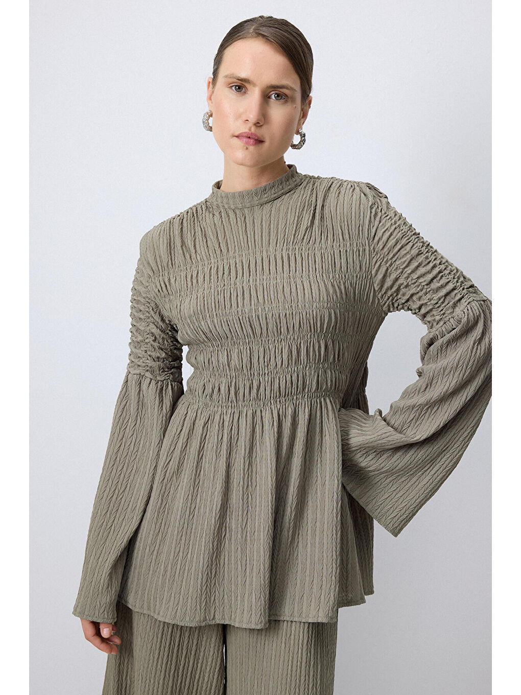 Haki Büzgülü Bluz Pantolon Takım-3