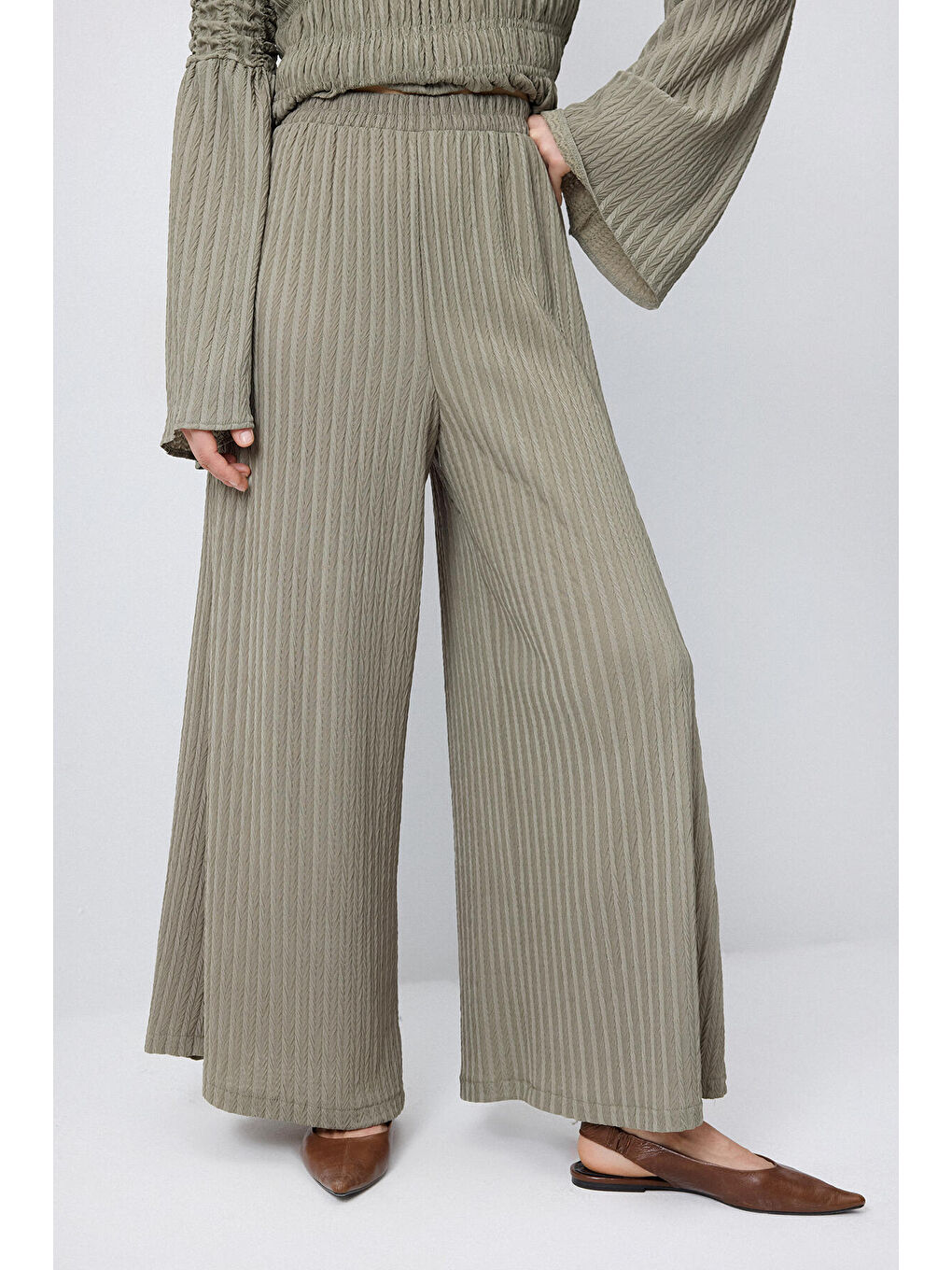 Haki Büzgülü Bluz Pantolon Takım-4
