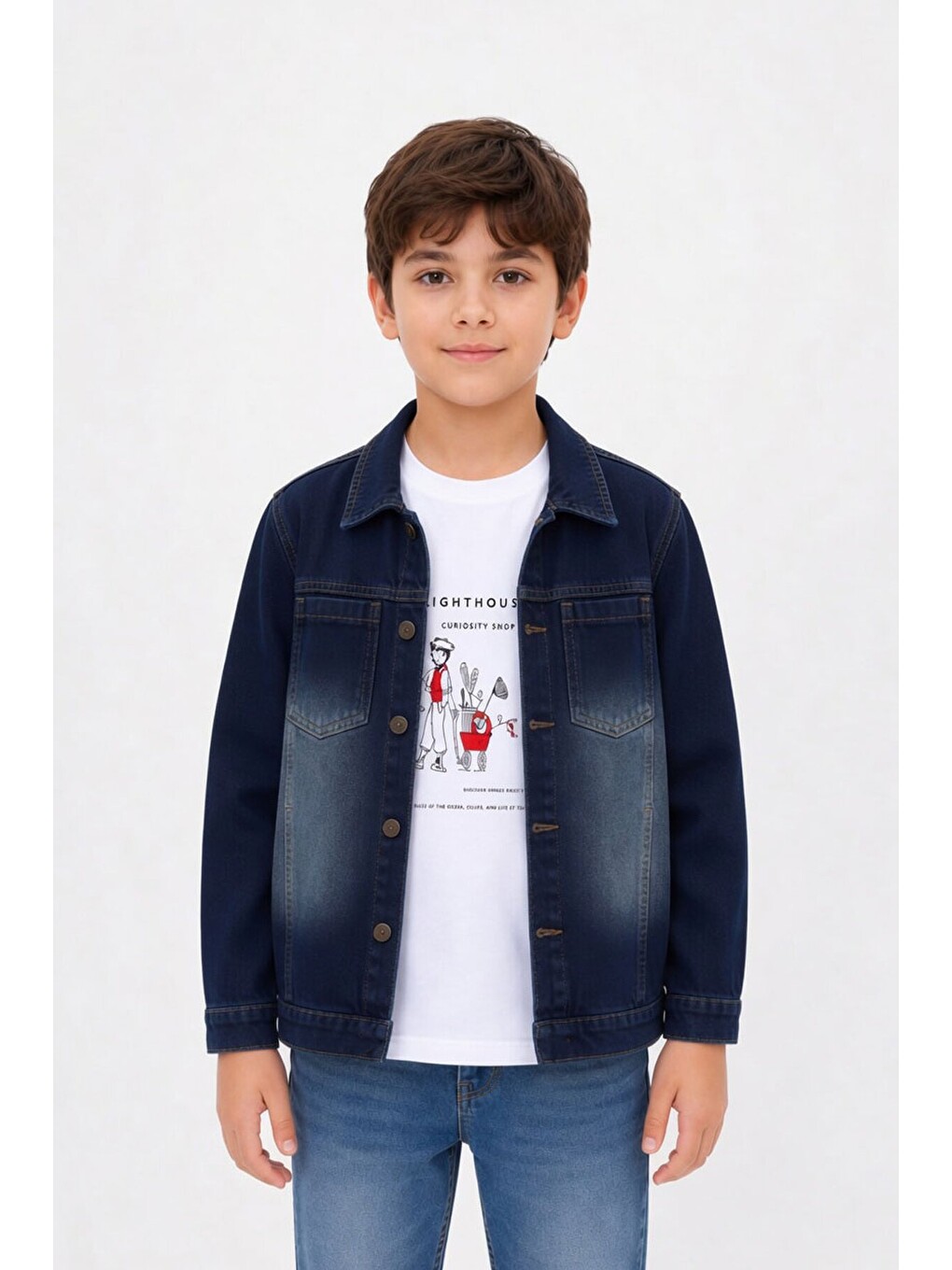 Lacivert Baskılı Tişörtlü Erkek Çocuk Jean Gömlek Takımı 24163