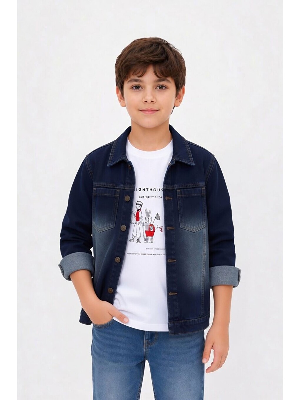 Lacivert Baskılı Tişörtlü Erkek Çocuk Jean Gömlek Takımı 24163-1