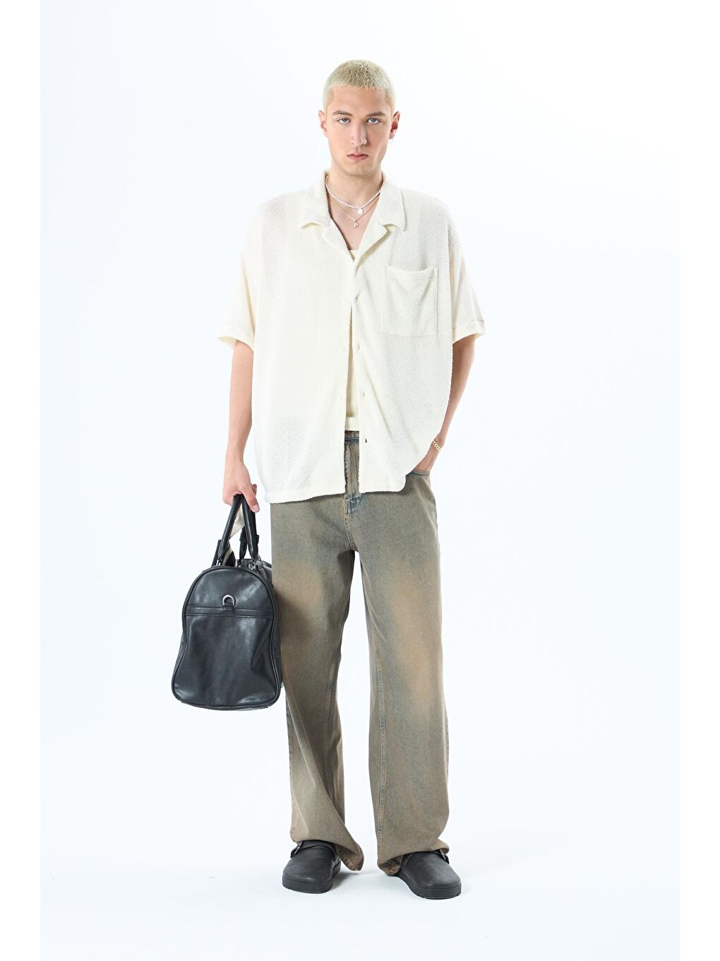 Oversize Havlu Kumaş Kısa Kol Tek Cep Gömlek Ekru