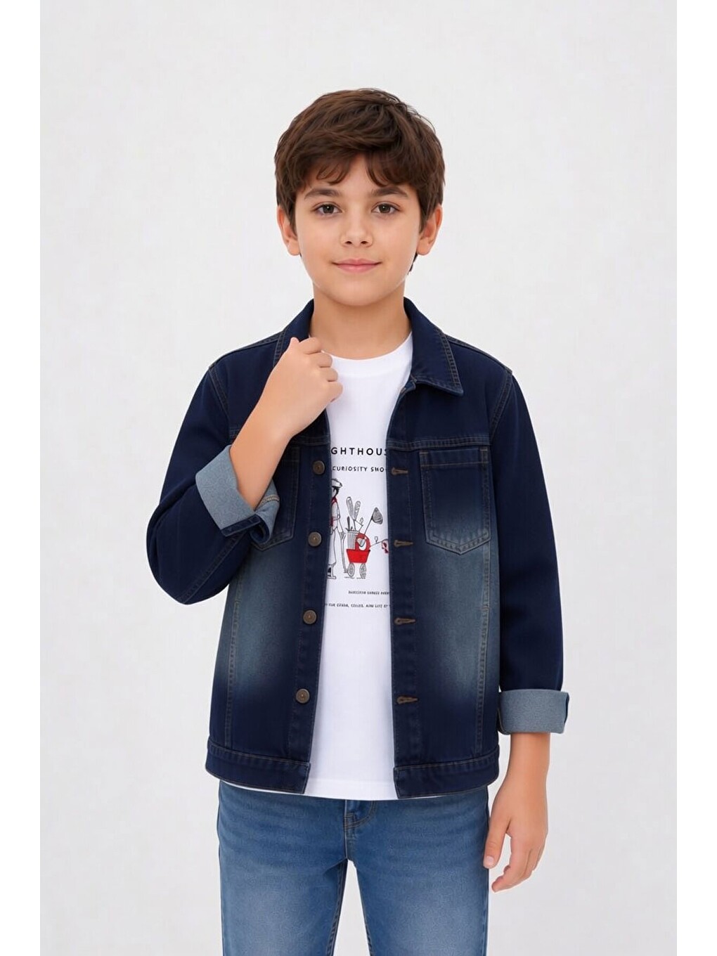 Lacivert Baskılı Tişörtlü Erkek Çocuk Jean Gömlek Takımı 24163-2
