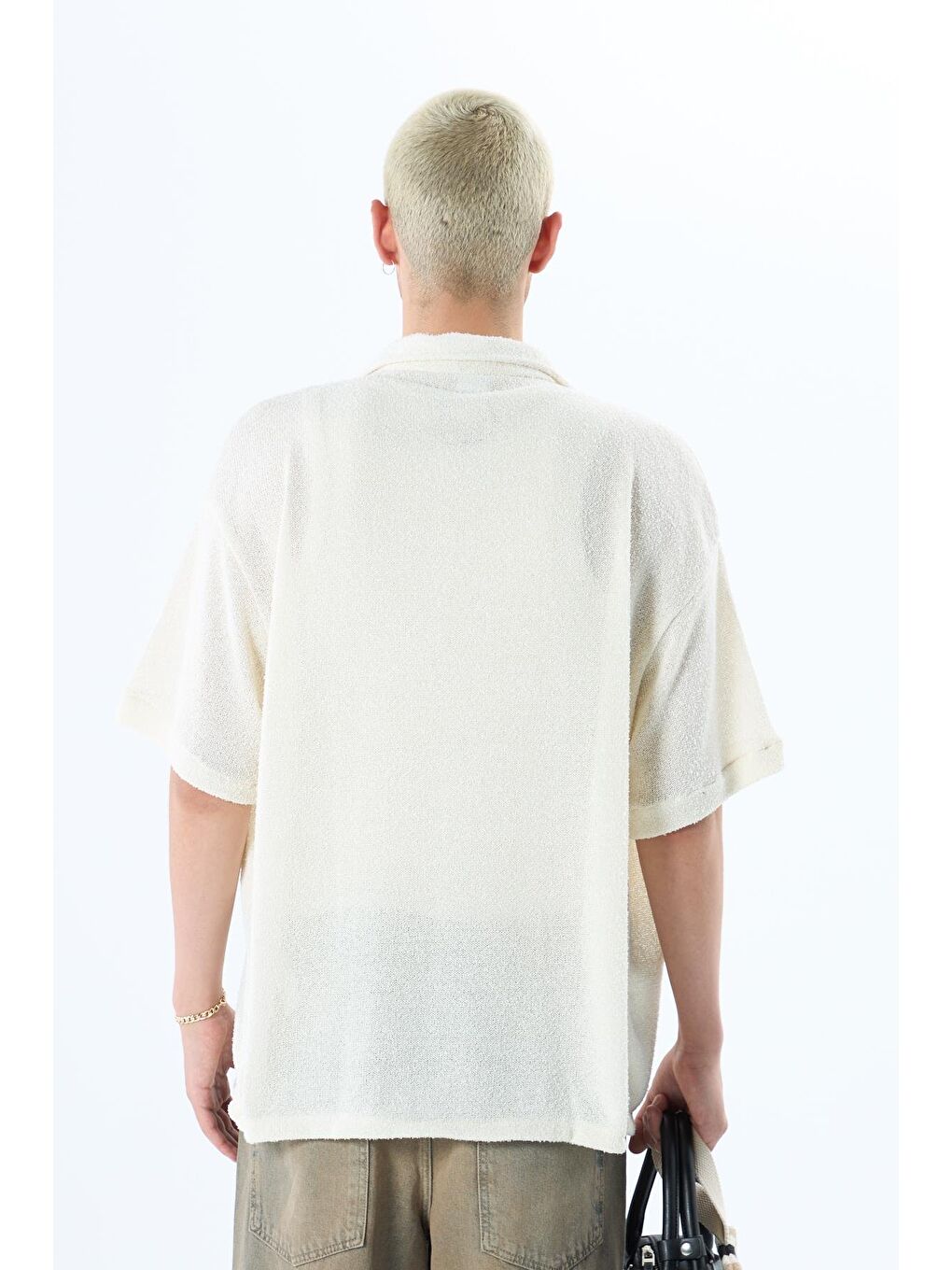 Oversize Havlu Kumaş Kısa Kol Tek Cep Gömlek Ekru-1